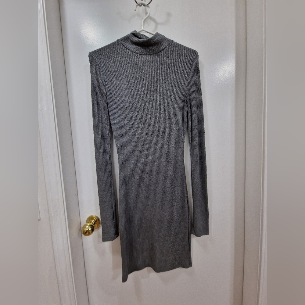 Revamped Gray Ribbed Mock Neck Long Sleeve Dress